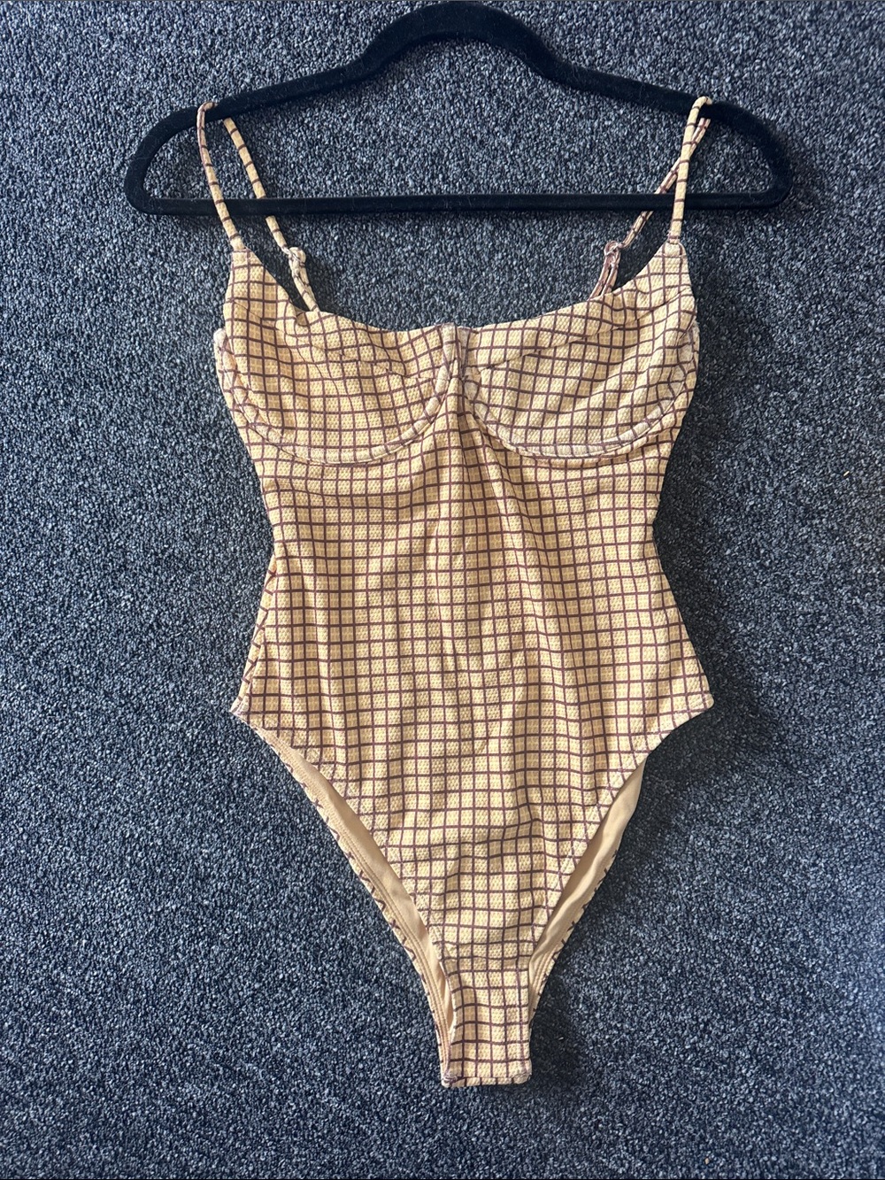 Checked Tan One-Piece Swimsuit with Underwire Support